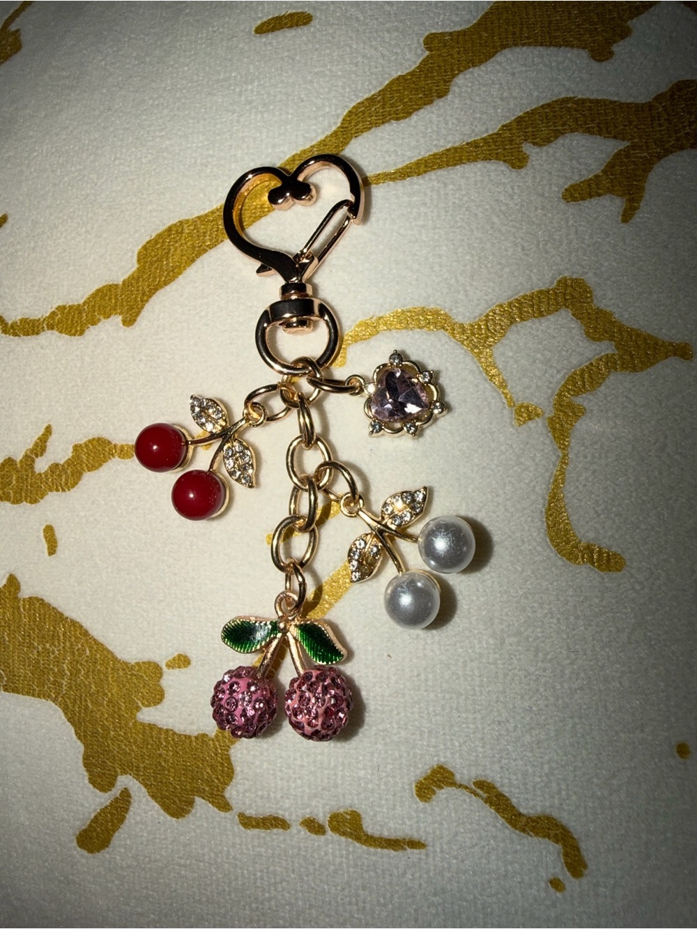 Cherry Charm Keychain with Red, Pink & Pearl Accents - Picture 2 of 2